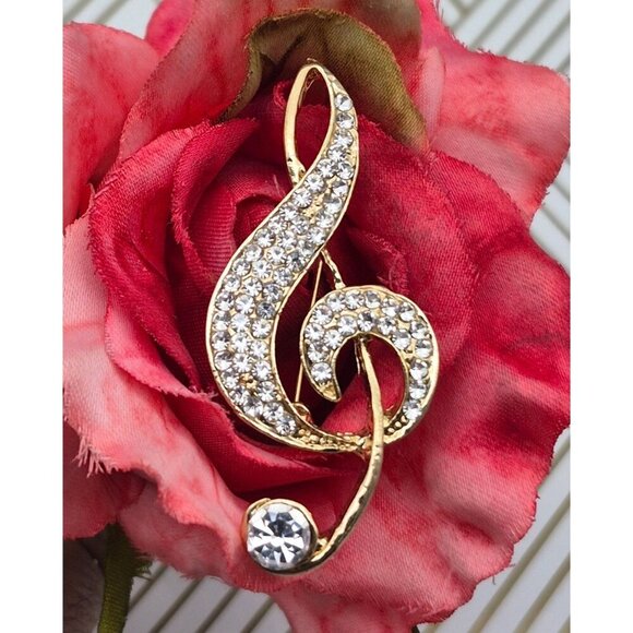 Beautiful Gold Tone & Crystal Paved Music Note Brooch Pin 2.25" Musician's Gift - Picture 2 of 5